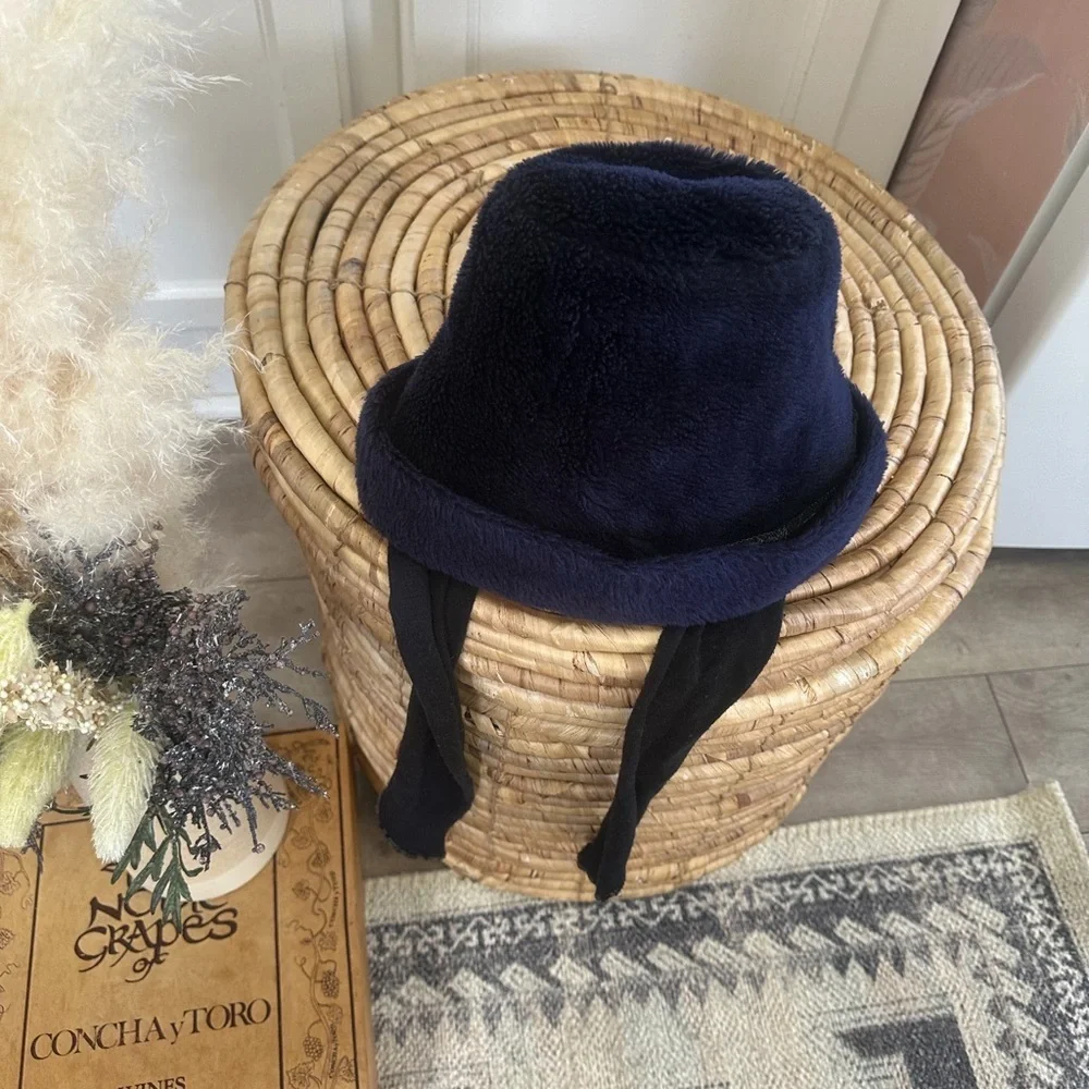 Vintage Women’s Navy Plush Winter Bucket Hat with Ear Protection Scarf Like Ties